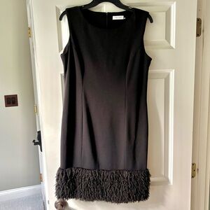 Calvin Klein Sheath Midi Cocktail Dress Faux Fur Trim 12 Medium zipper back